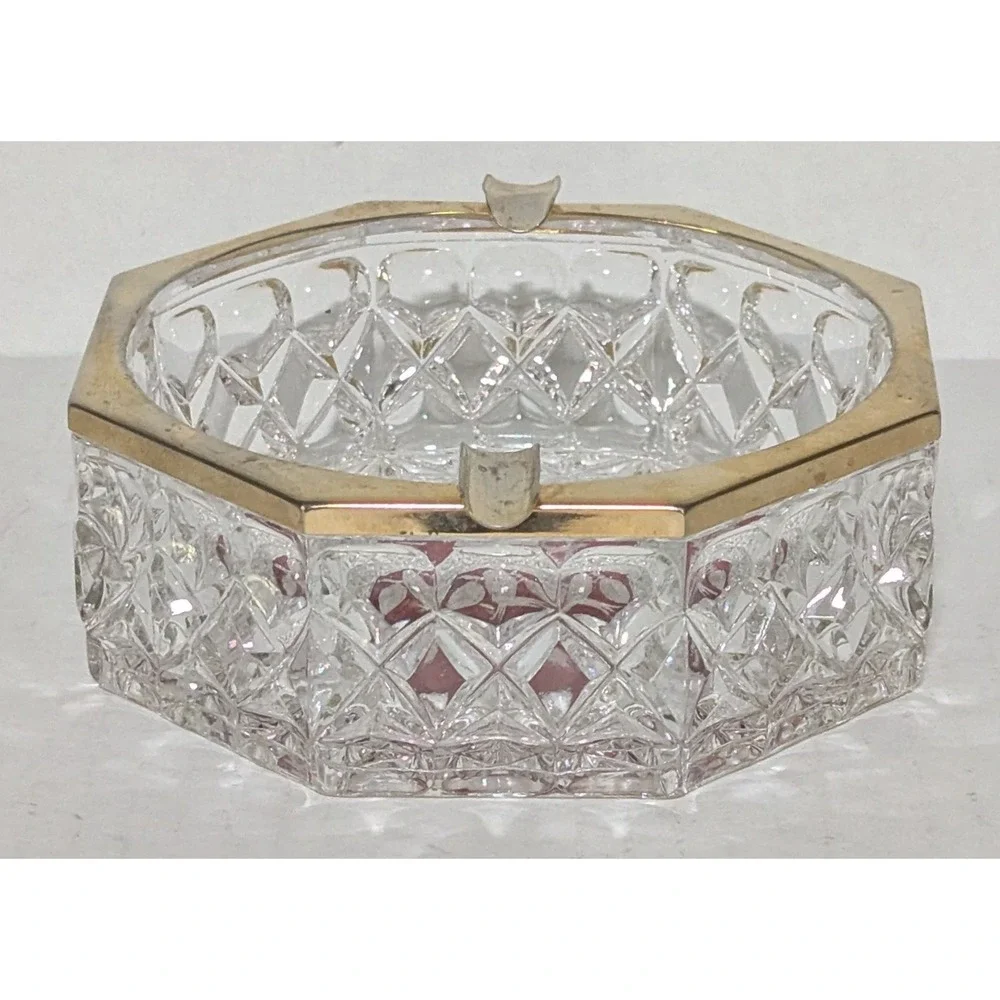 Vintage Hofbauer Byrdes Ruby Red Clear Cut Crystal and Brass Octagon Ashtray